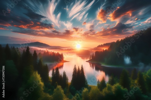 Fantastic sunset over the lake in the mountains. Dramatic scene.