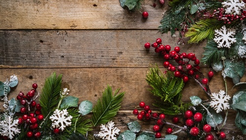 christmas holiday evergreen pine branches and red berries over wood background copy space