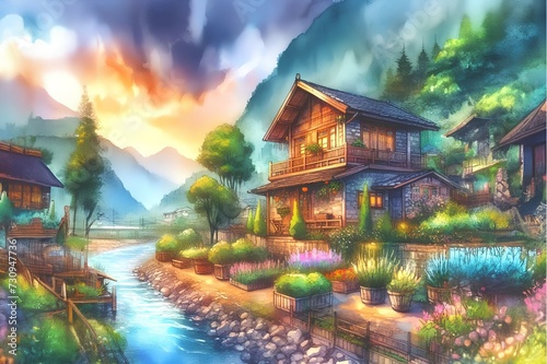 Beautiful landscape with cottage in the mountains. Digital painting illustration.