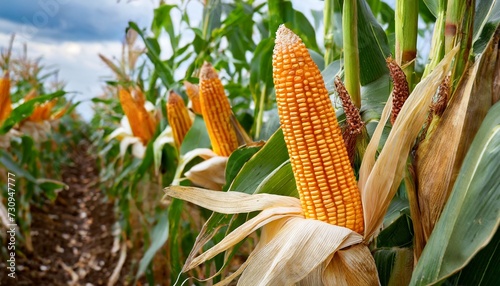 close up corn cobs in corn plantation field