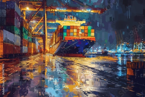 a container ship loading with containers at night.