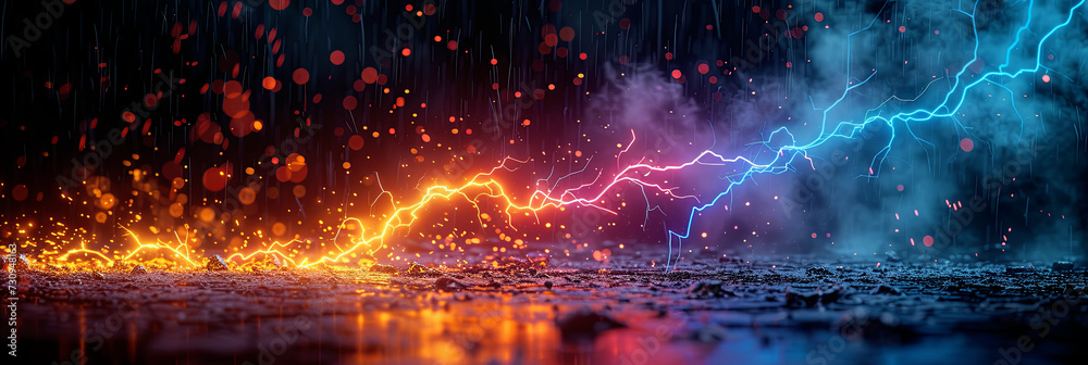 Colorful abstract lightning strike, wide format image background. 