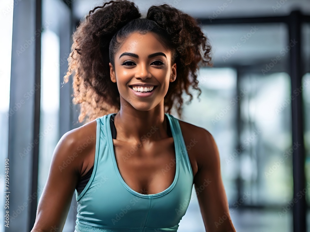 Smiling young black woman fitness model in sportswear doing exercise