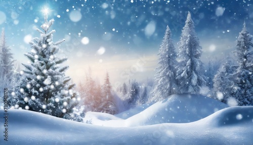 beautiful landscape with snow covered fir trees and snowdrifts merry christmas and happy new year greeting background with copy space winter fairytale © Ashley