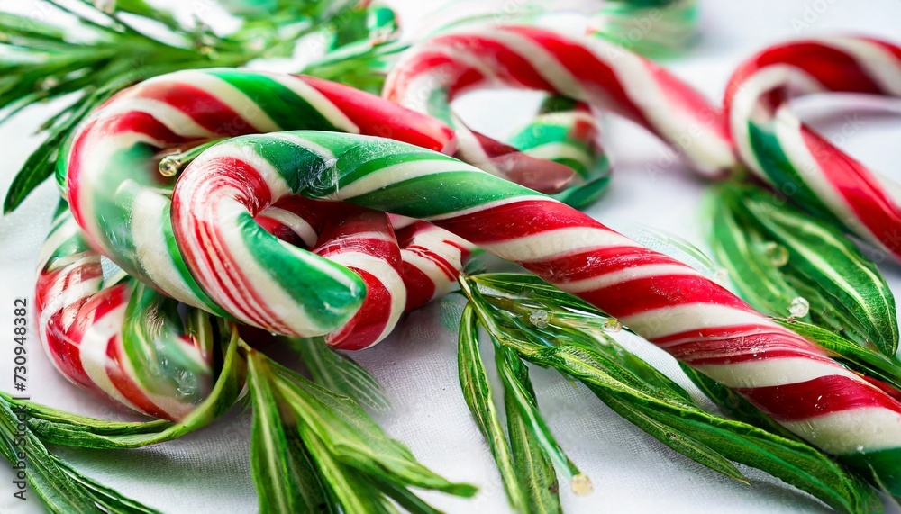 mint hard candy cane striped in christmas colours on a white background closeup