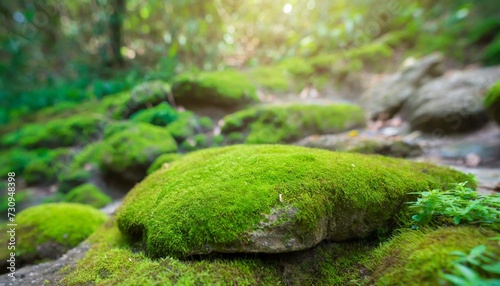 a stone covered with green moss in the forest wildlife landscape beautiful bright green moss grown up cover the rough stones and on the floor in the forest product display mockup