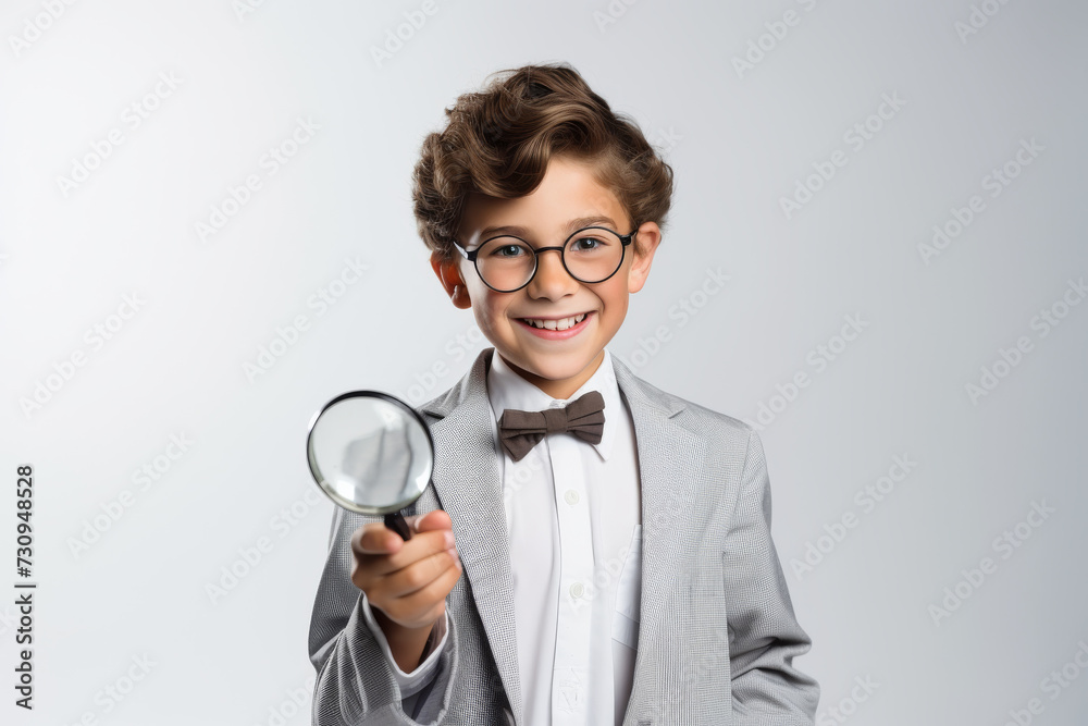 A little child detective investigator, donned in a hat and long suit, poses for a portrait and learning the detective way. Generative AI. A little child detective investigator, donned in a hat and long suit, poses for a portrait and learning the detective way. Generative AI.