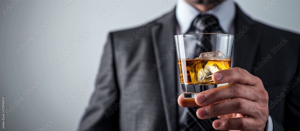 A person in formal attire, wearing a dress shirt and tie, elegantly holds a glass of whiskey.