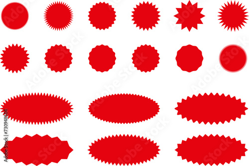 Starburst red sticker set - collection of special offer sale oval and round shaped sunburst labels and badges. Red starburst, sunburst, stamp, seal, label or burst, badge, sticker. Vector.