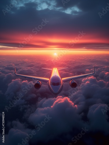 Big passenger airplane flying, beautiful sunset and cloudscape in the background. Above the clouds.