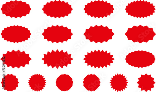 Starburst red sticker set - collection of special offer sale oval and round shaped sunburst labels and badges. Red starburst, sunburst, stamp, seal, label or burst, badge, sticker. Vector.