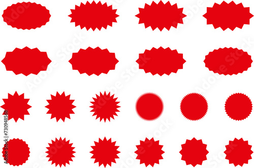 Starburst red sticker set - collection of special offer sale oval and round shaped sunburst labels and badges. Red starburst  sunburst  stamp  seal  label or burst  badge  sticker. Vector.