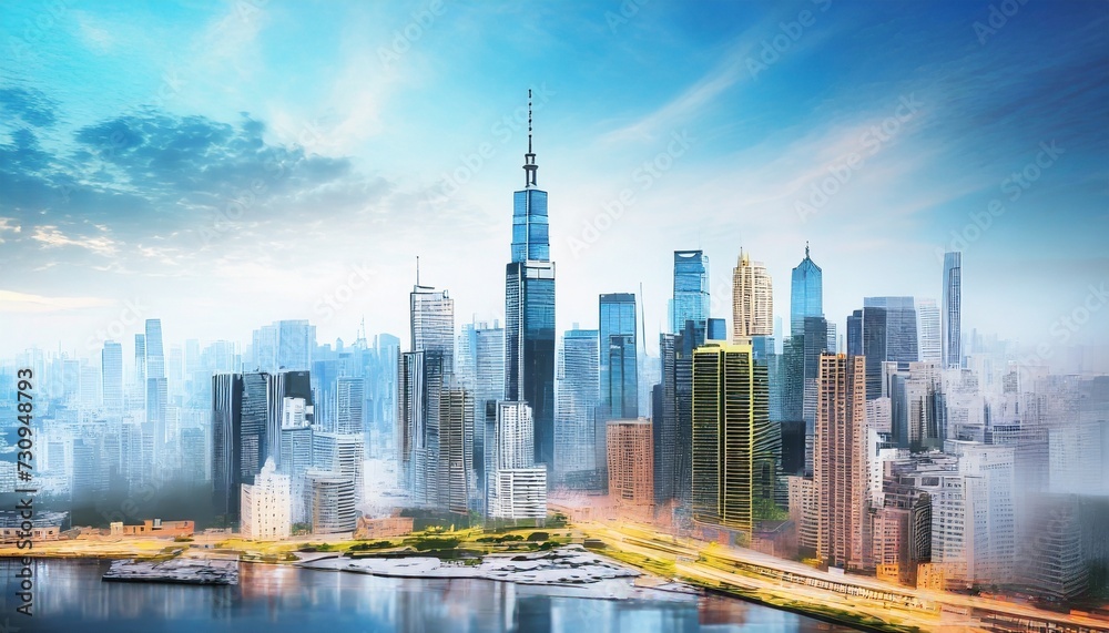 panoramic modern city skyline mix sketch effect