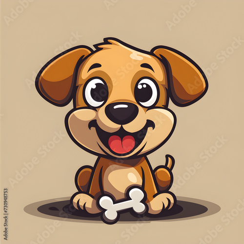 Flat Logo of Cute Cartoon Dog with Bone Vector Icon Illustration Animal Nature Concept