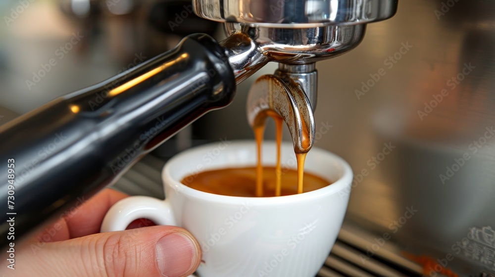 Barista pouring coffee from coffee maker into cup creating a delicious cup of coffee Barista pouring coffee from coffee maker into cup creating a delicious cup of coffee