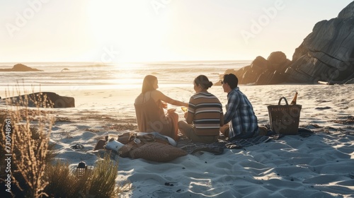 A group of people sitting on top of a sandy beach photo