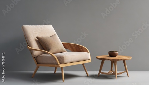 modern armchair with wooden small coffee table on soft gray background 3d illustration