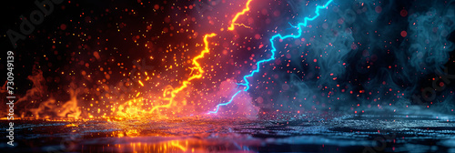 Colorful abstract lightning strike, wide format image background. 