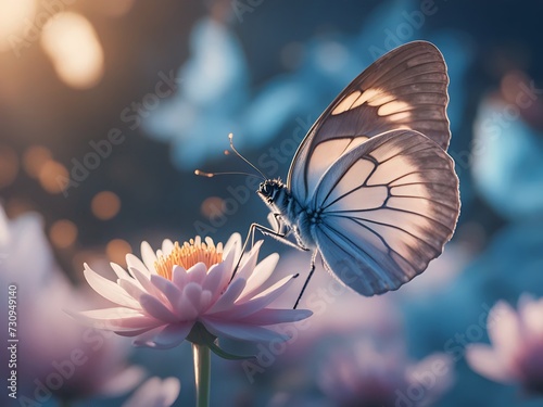 Blue toned Butterfly perched on garden flower.
