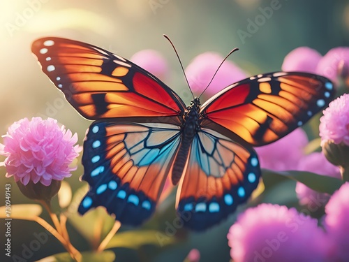 Vibrant, colorful Butterfly perched on garden flower.
