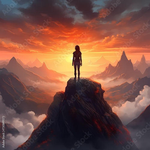 Adventurer atop a Mountain at Sunset