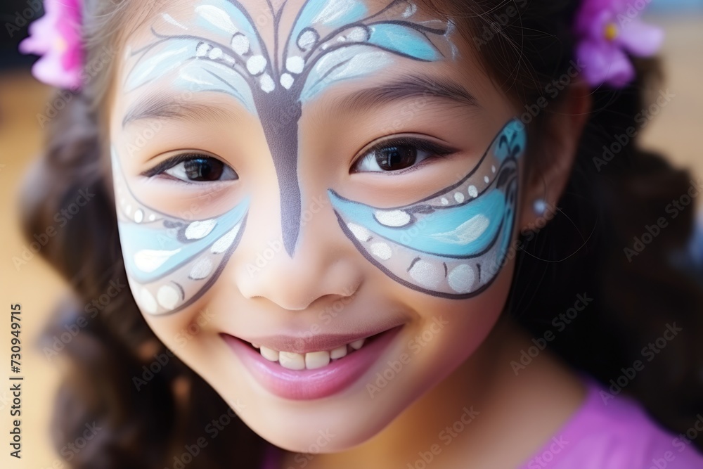 A smiling young Asian girl with a face painted to mimic a butterfly, incorporating shades of blue and white, adorned with a flower in her hair.