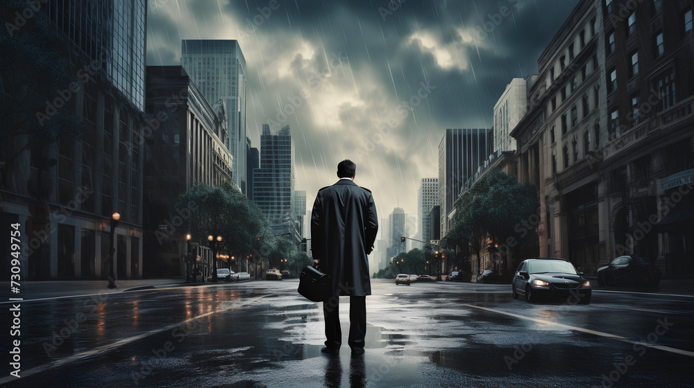 In a somber moment, a man stands alone in the rain, his back to the camera, under dark clouds—a poignant image of solitude and melancholy. In a somber moment, a man stands alone in the rain, his back to the camera, under dark clouds—a poignant image of solitude and melancholy.