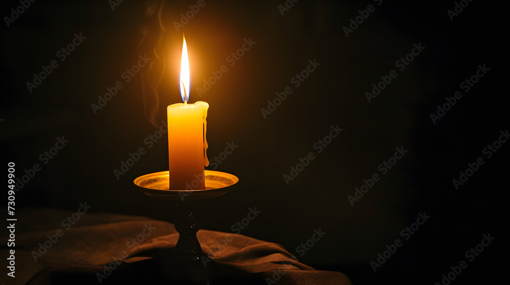 Burning candle in a candlestick in the dark 