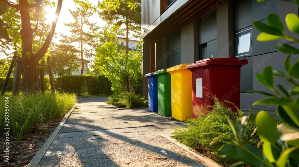 Recycling bins near the modern house Recycling bins near the modern house