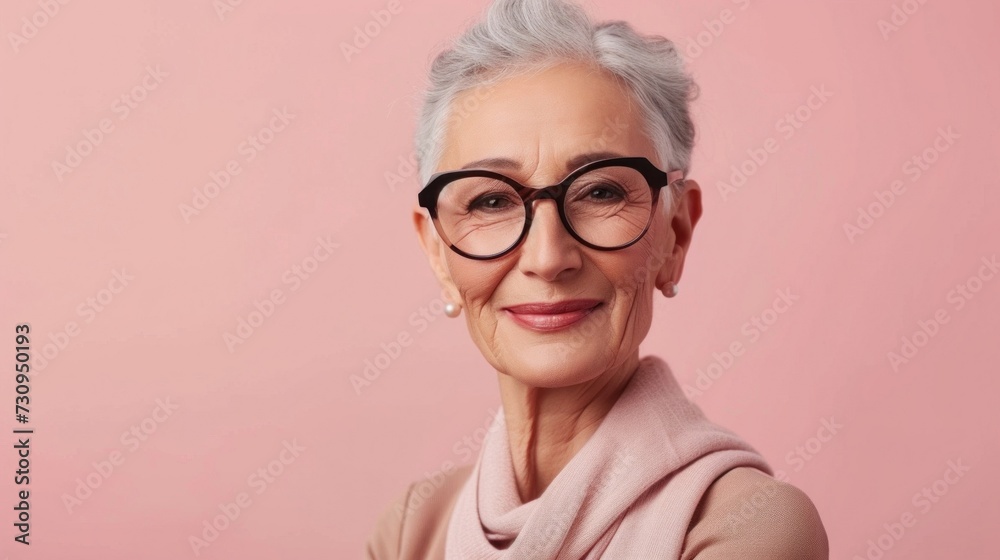 The image depicts a smiling elderly woman with short gray hair wearing large round black glasses. She is dressed in a light pink top with a high neckline and The image depicts a smiling elderly woman with short gray hair wearing large round black glasses. She is dressed in a light pink top with a high neckline and