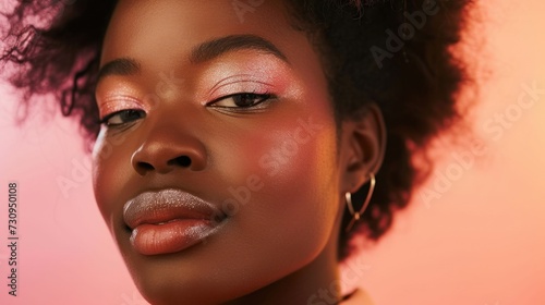 Closeup beauty portrait showcasing a joyful Afro woman in pastel hues.