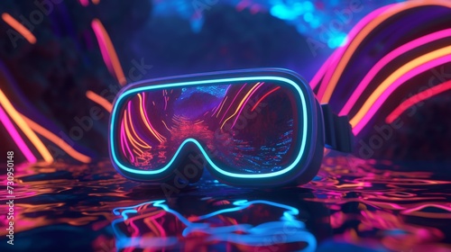 Neon Virtual Reality Goggles with Abstract Reflection. Futuristic VR goggles with vibrant neon reflections on water.