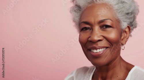 A smiling woman with gray hair wearing a white top against a pink background.