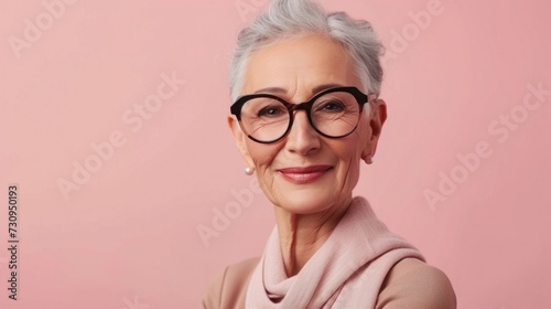 The image depicts a smiling elderly woman with short gray hair wearing large round black glasses. She is dressed in a light pink top with a high neckline and  photo