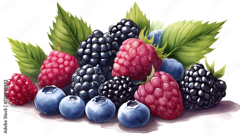Blackberries, raspberries and blueberries on white background, art design Blackberries, raspberries and blueberries on white background, art design