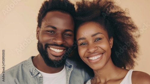 "A joyful cou ple sharing a warm embrace their smiles radiating happiness against a soft-focus background."