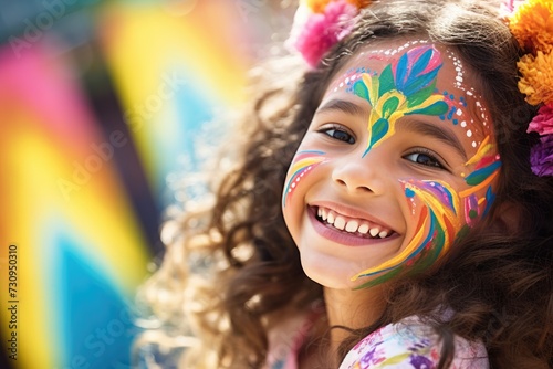 A young girl beams with a vibrant face paint of floral and leaf designs in bright colors, adorned with a flower headband against a blurred colorful background.