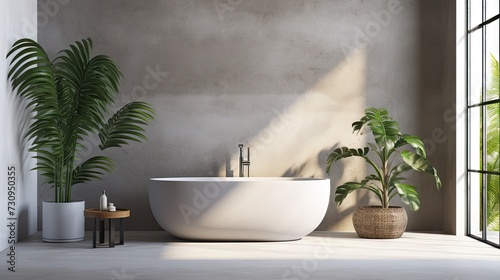  a modern bathroom with a white ceramic bathtub, tropical plants, sunlight, and a blank cement wall. Suitable for home, hotel, showroom, and product displays.