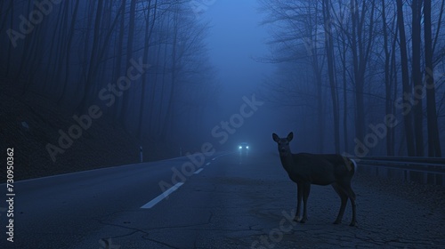 Deer crossing the misty road near forest in foggy morning road hazards and wildlife