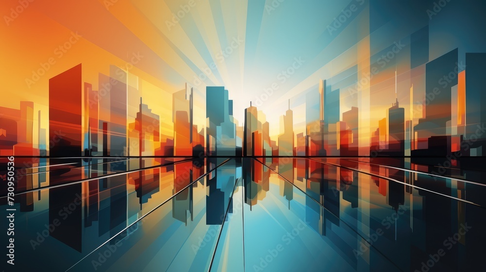 An artistic digital rendering of a cityscape reflection with overlapping transparent buildings, creating a layered visual effect in a palette of orange, blue, and black. An artistic digital rendering of a cityscape reflection with overlapping transparent buildings, creating a layered visual effect in a palette of orange, blue, and black.