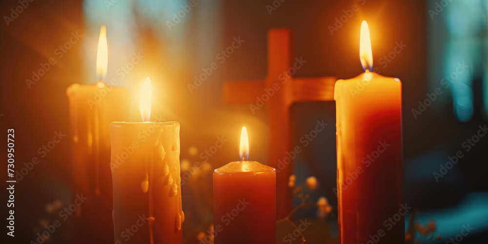 Candles and Christian Cross background. A serene setting with lit candles and a Christian cross, creating a peaceful atmosphere for reflection or prayer. Candles and Christian Cross background. A serene setting with lit candles and a Christian cross, creating a peaceful atmosphere for reflection or prayer.
