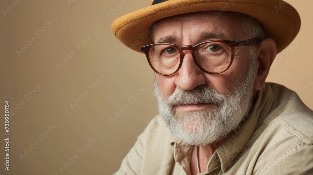 An elderly man with a distinguished appearance wearing a wide-brimmed hat and round wire-framed glasses that give him a scholarly look. An elderly man with a distinguished appearance wearing a wide-brimmed hat and round wire-framed glasses that give him a scholarly look.