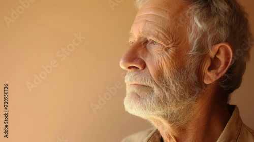 An elderly man with a contemplative expression looking slightly to the side.