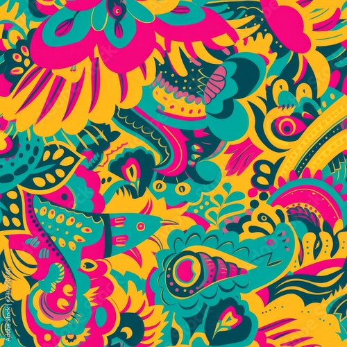 Carnival Inspired Vibrant Pattern Art. A yellow-based Latin carnival pattern bursting with lively shapes and colors.