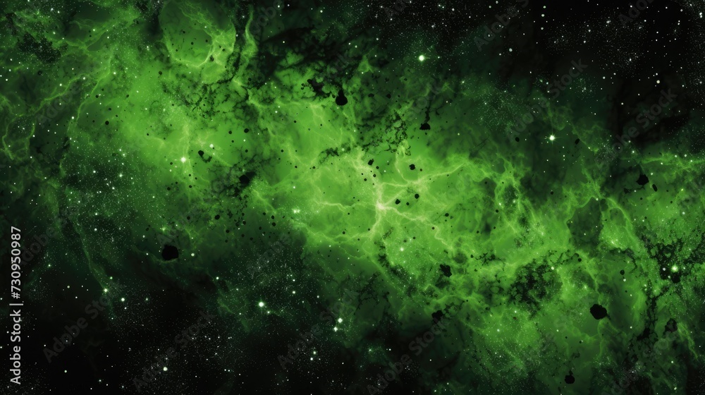 Vibrant Green Nebula Galaxy. A dynamic and vibrant green nebula forms a galaxy in the dark cosmos. - obrazy, fototapety, plakaty 