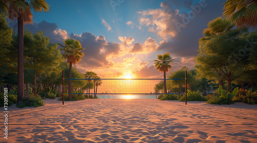 Beach volleyball court with sunset view background photo