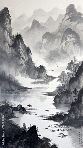Chinese ink painting of mountains and water