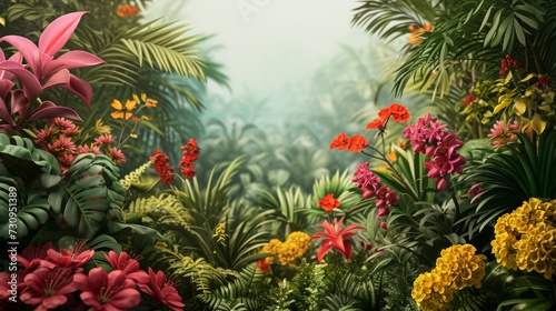 Tropical Paradise Panorama with Vibrant Flora. Expansive view of a lush tropical landscape surrounded by vivid flowers.