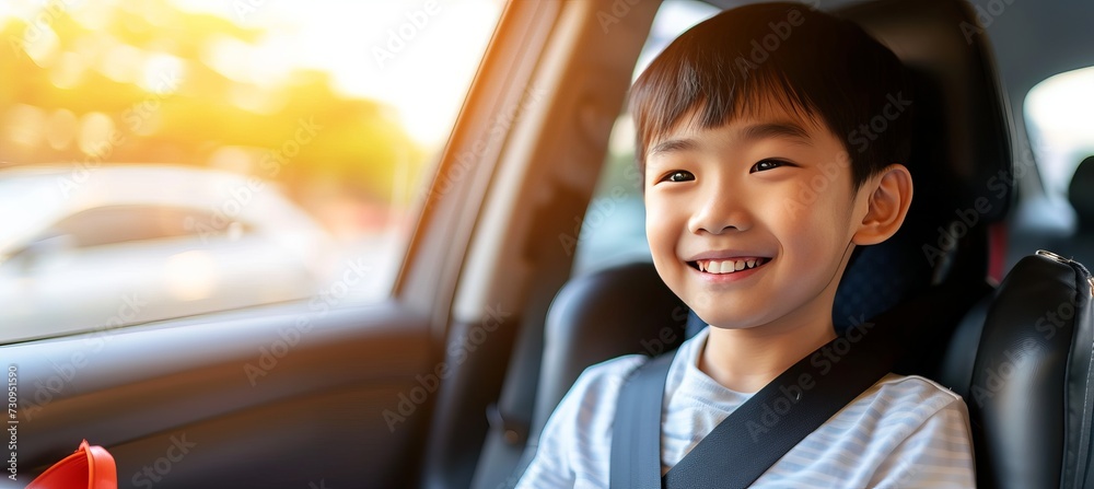 Happy child sitting in a car safety seat, concept of safe travel with space for text placement