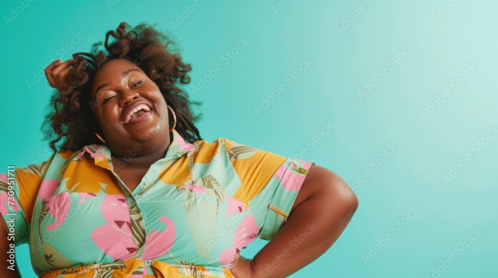 A stunning horizontal portrait of a beautiful plus-size woman radiating confidence against a pastel background. A stunning horizontal portrait of a beautiful plus-size woman radiating confidence against a pastel background.